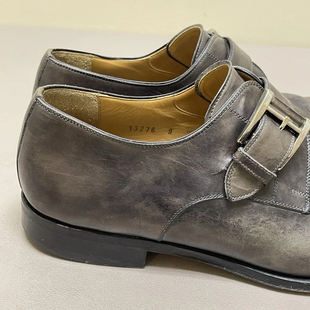 Magnanni Monk Strap Dress Shoes Men 9 M Gray Leather Buckle Brogue Oxford Loafer